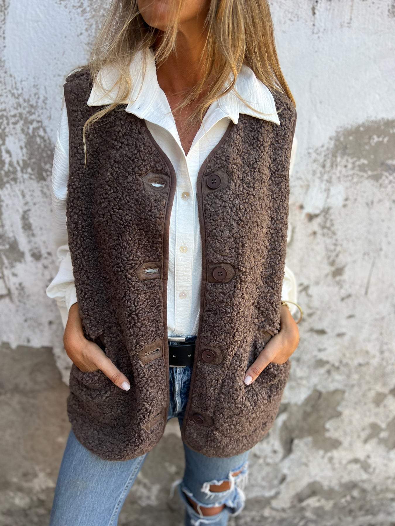 Spring Casual Sherpa Vest Jacket dark brown