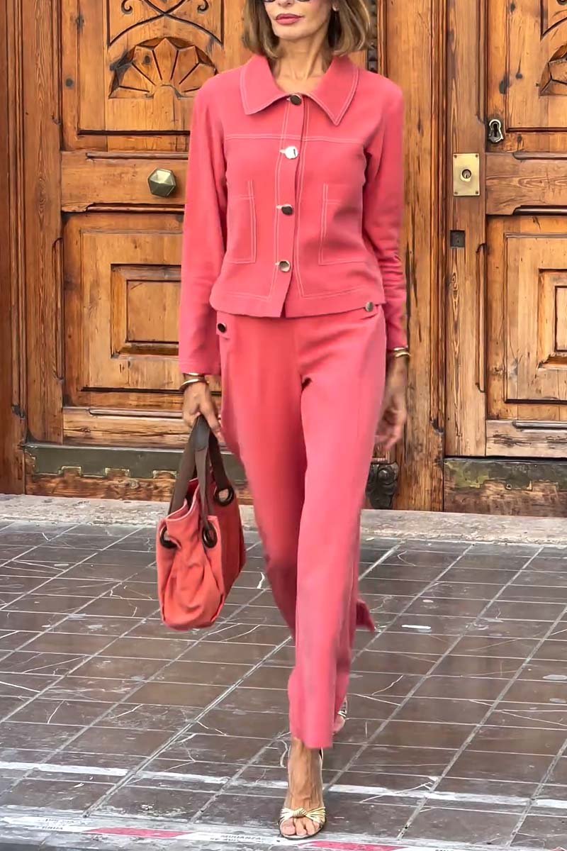 Women's Casual Solid Color Lapel Jacket and Pants Set Coral Red