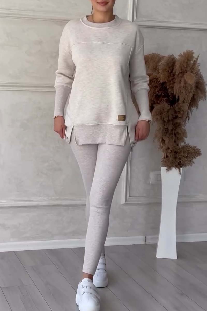 Women's Casual Solid Color Round Neck Long Sleeve Slit Hem Sweatshirt Leggings Set Light Grey