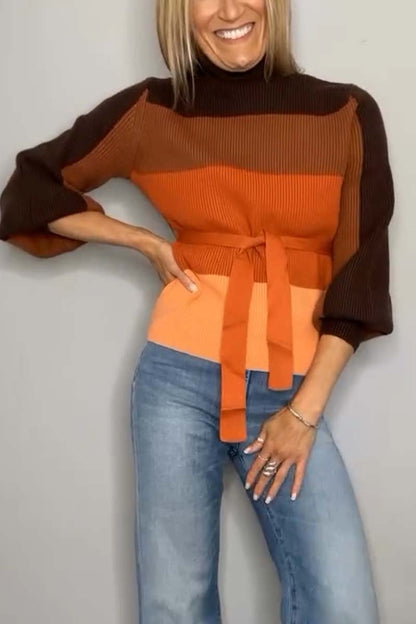 Women's casual contrast turtleneck sweater Orange