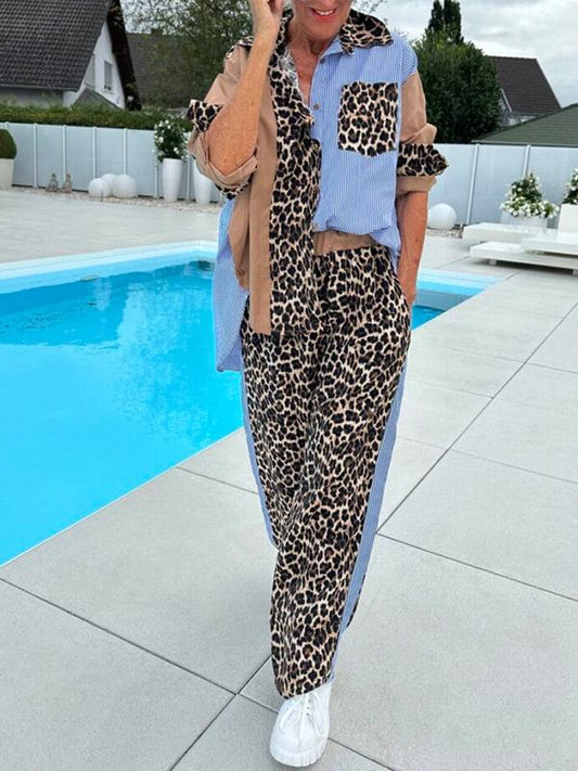 Women's Casual Lapel Leopard Print Two-piece Suit brown