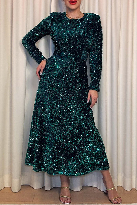 Women's Round Neck Sequined Waist Dress green