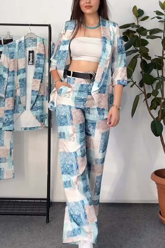 Women's Fashion Plaid Print Suit Blue