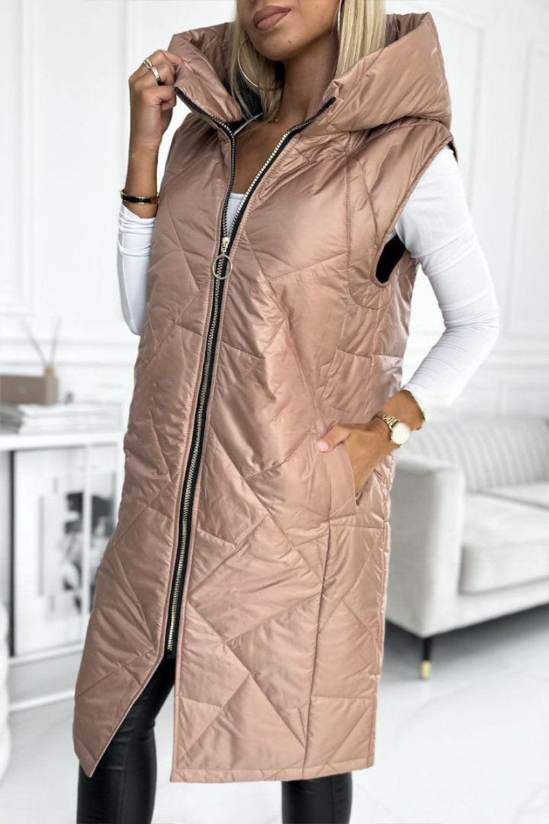 Women's Hooded Zipper Sleeveless Long Coat brown