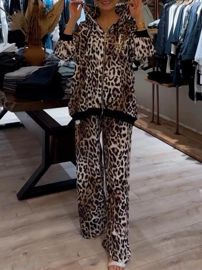 Women's Casual Hooded Leopard Print Two-piece Suit brown