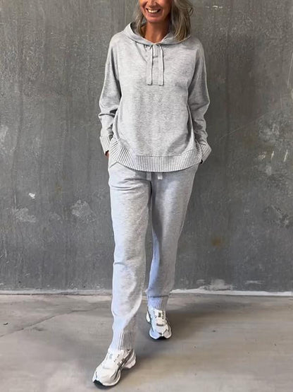 Women's Casual Hooded Solid Color Two Piece Suit gray