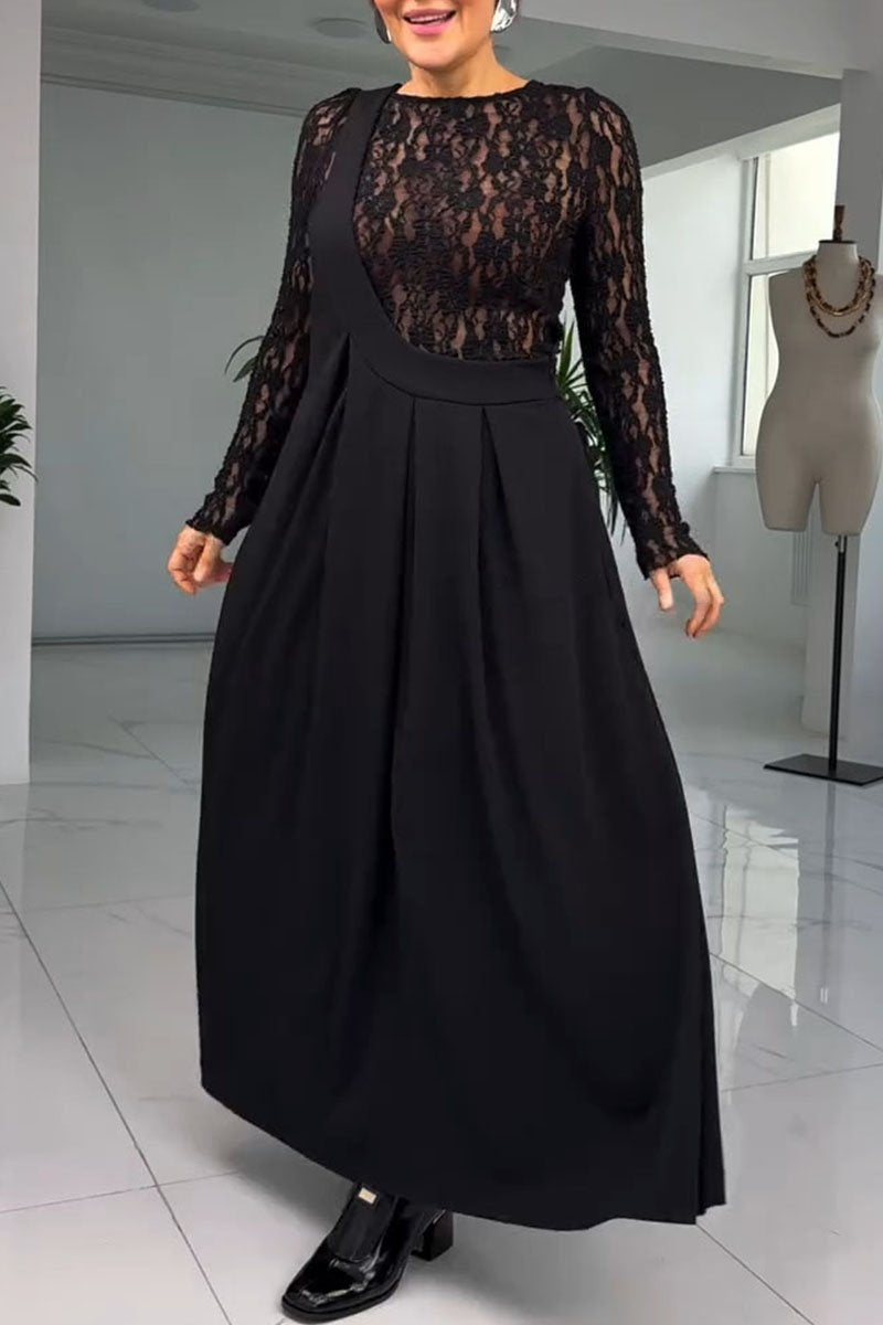 Women's Round Neck Long Sleeve Hollow Dress black