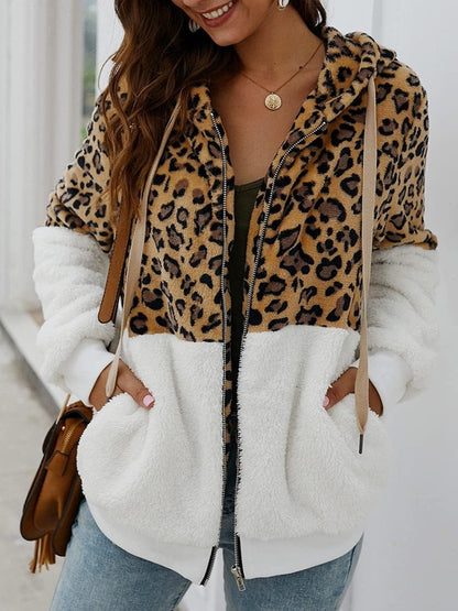 Women's Casual Leopard Print Patchwork Hooded Plush Jacket White