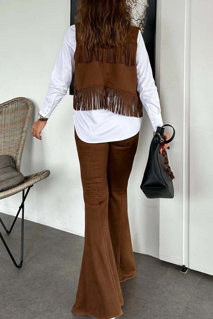 Women's Stylish Suede Fringe Sleeveless Top and Flare Pants Two-Piece Set