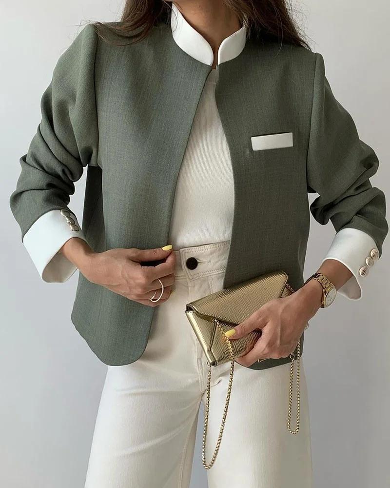 Women's Casual Color Block Short Jacket Green jacket