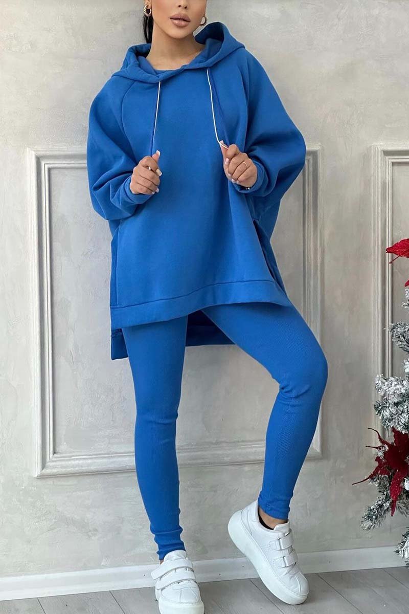 Women's casual solid color slit hem hooded sweatshirt sports suit Blue