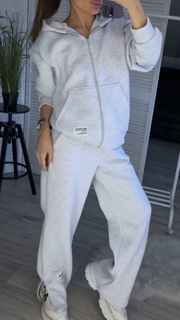 Women's Solid Color Hoodies and Trousers Two-piece Set grey