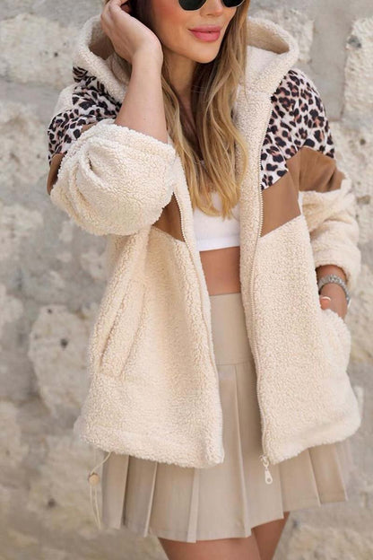 Women's casual patchwork leopard print hooded sherpa short coat Apricot