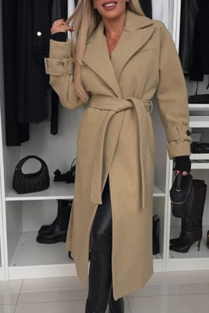 Women's Solid Color Lapel Long Coat khaki