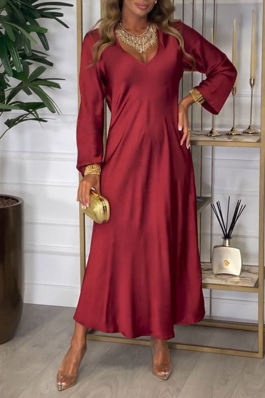 Women's V-neck Long-sleeved Satin Dress red