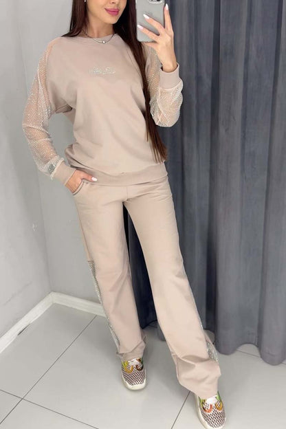 Women's casual patchwork mesh sports suit Khaki