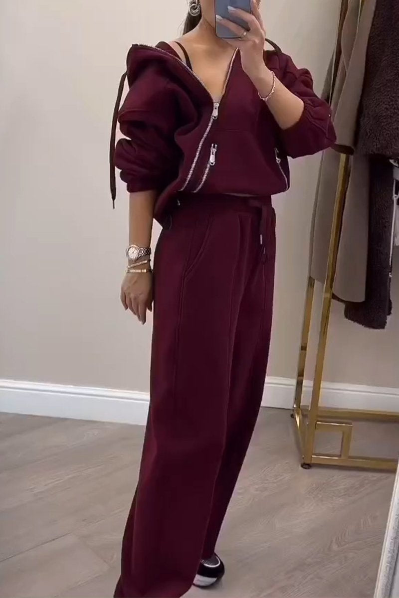 Women's Casual Hooded Oblique Zipper Two-piece Suit Wine red