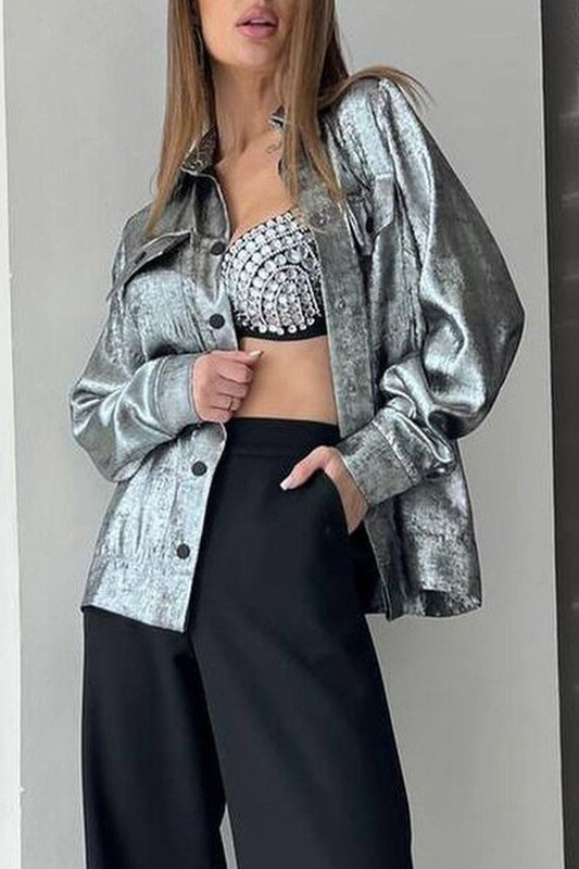 Women's Casual Lapel Single-breasted Gold-stamped Jacket Silver