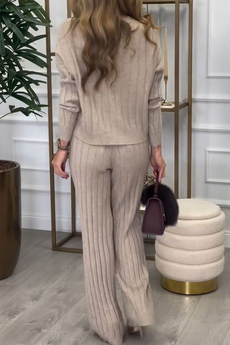 Women's Round Neck Solid Color Sweater and Trousers Two-piece Set