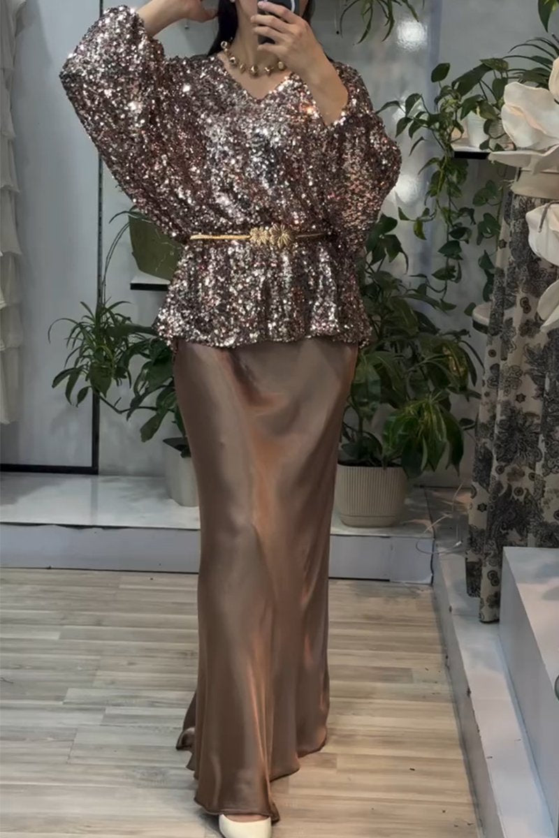 Women's Casual Sequin Top Skirt Two Piece Set