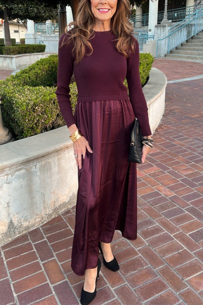 Women's Casual Round Neck Long Sleeve Dress wine red