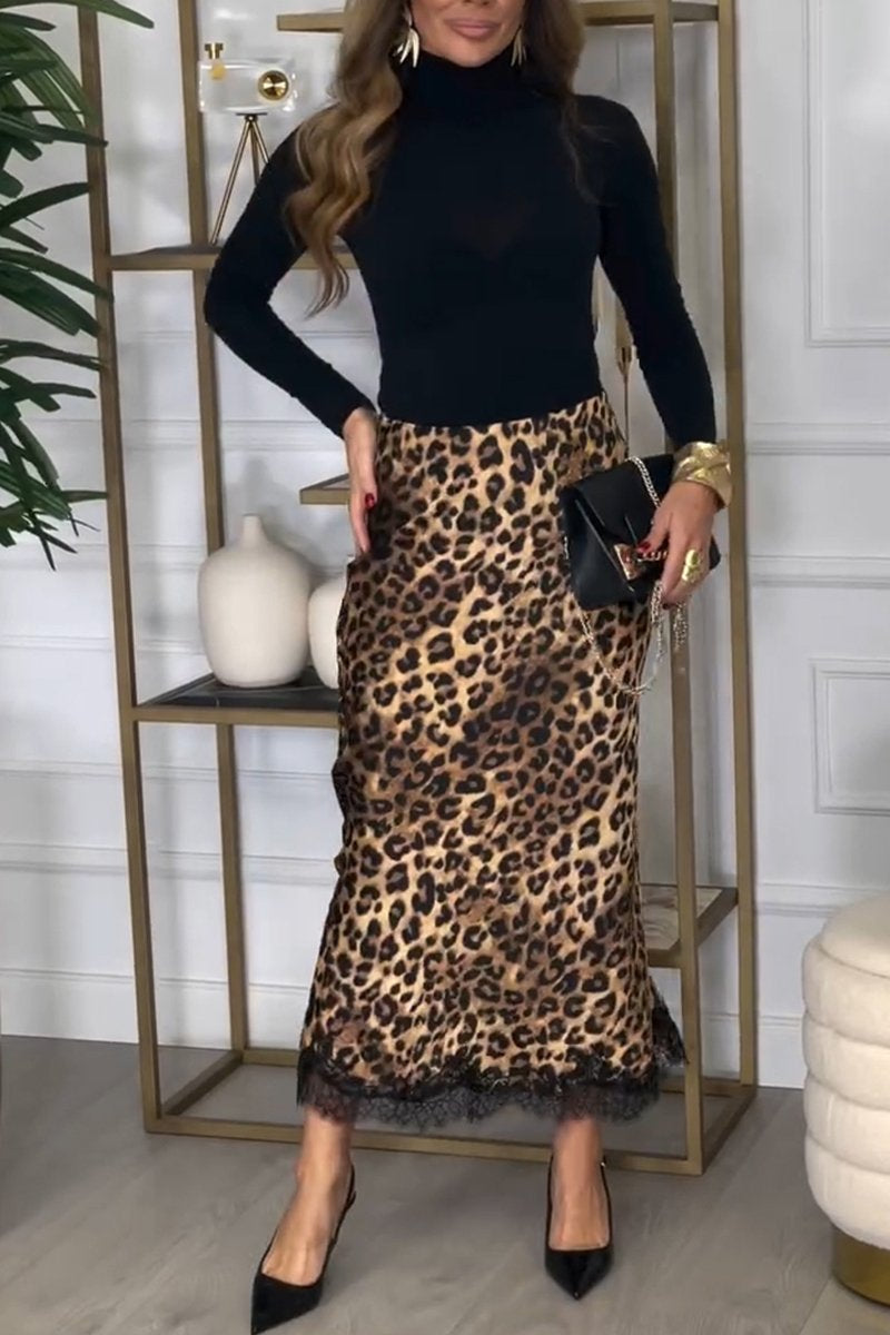 Women's Turtleneck Top and Leopard Print Skirt Two-piece Set leopard