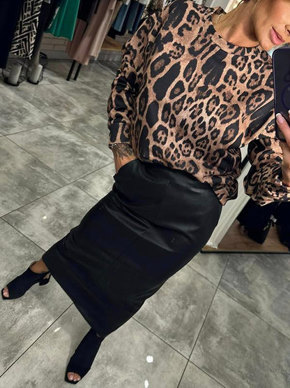 Women's Round Neck Long Sleeve Leopard Print Top and Skirt Set leopard