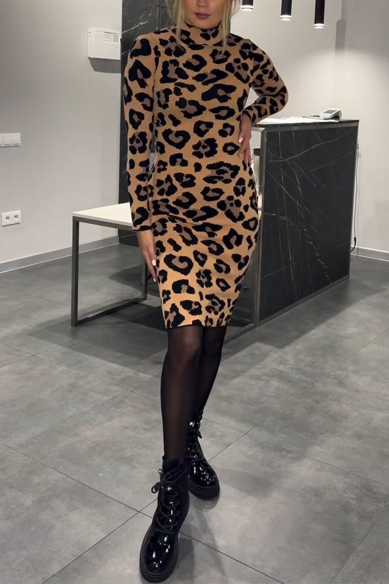 Women's Casual High Collar Leopard Printed Dress