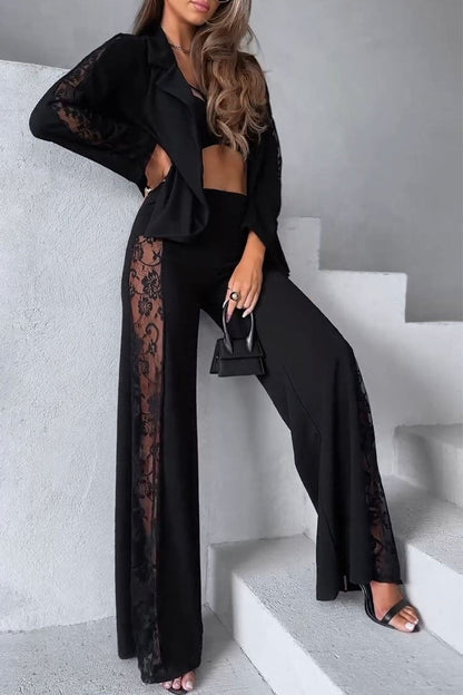 Women's Hollow Lace Top and Trousers Set