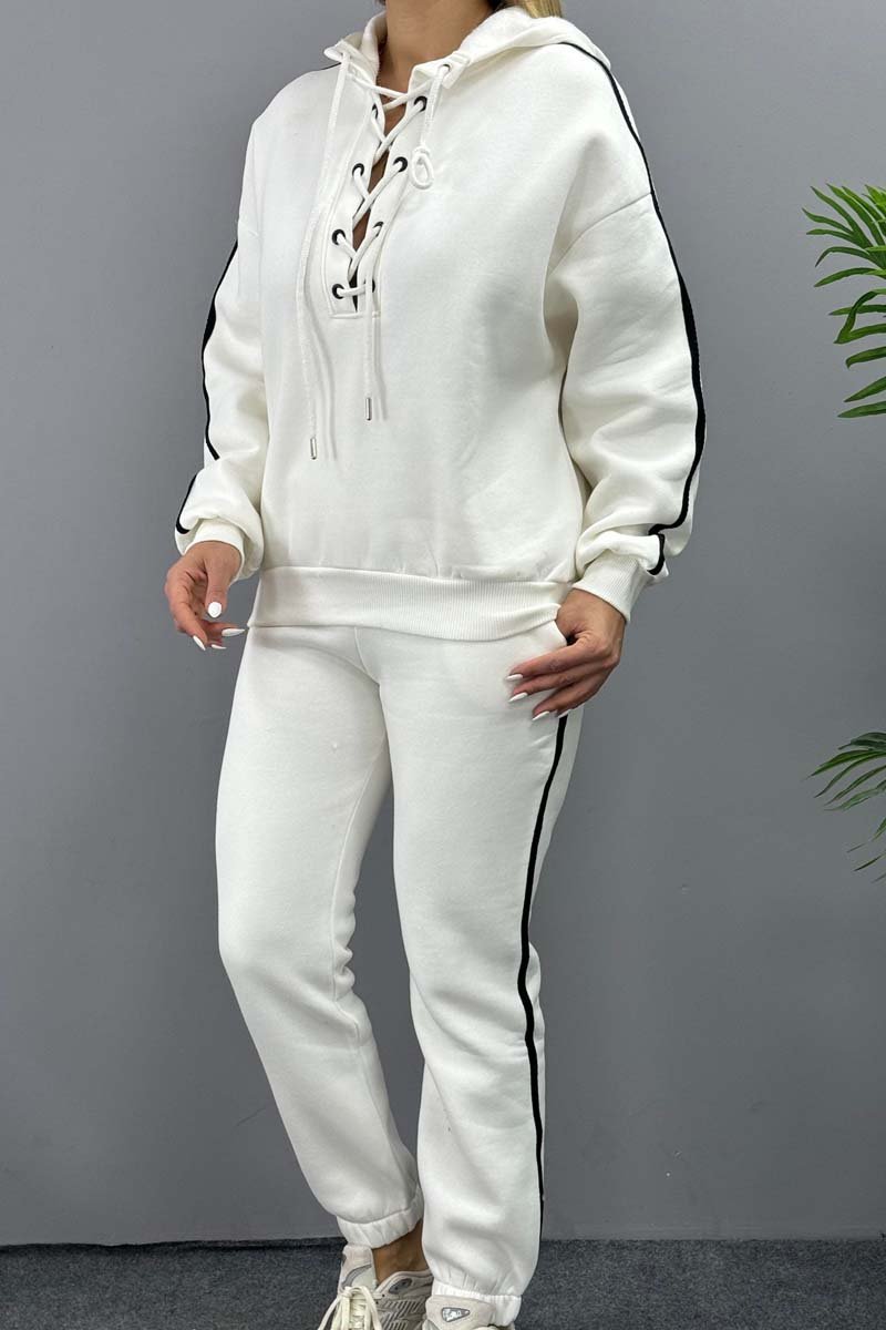 Women's Casual Neck Cord Hooded Sweatshirt Set