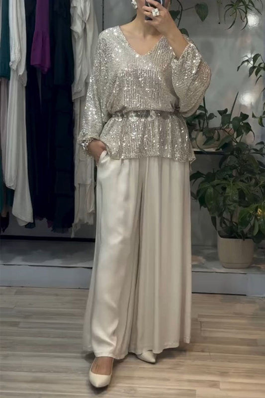 Women's V-neck Sequined Top and Trousers Set silver