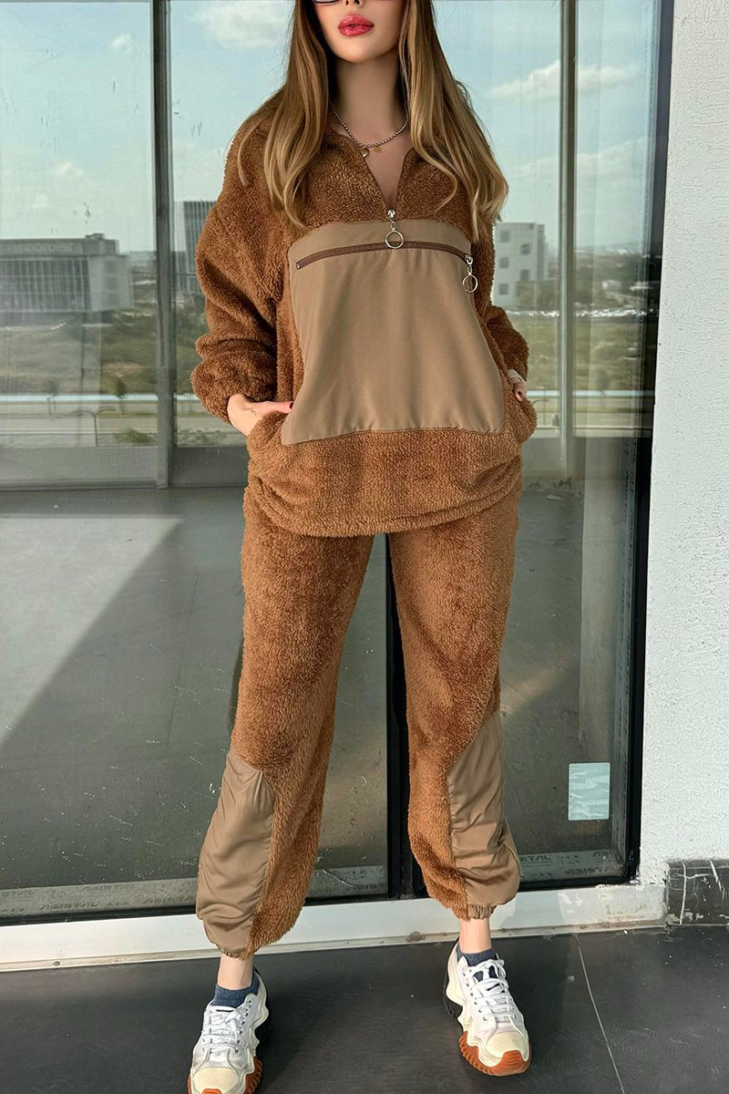 Women's Casual Patchwork Plush Pants Suit Brown