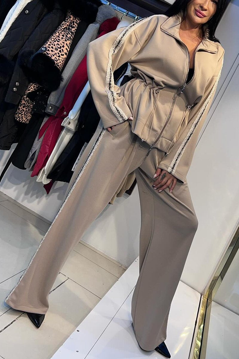 Women's Casual Lapel Zipper Two-piece Suit apricot