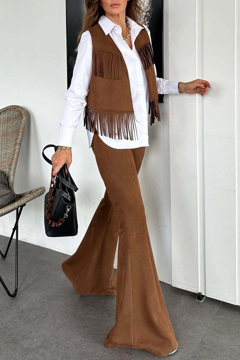 Women's Stylish Suede Fringe Sleeveless Top and Flare Pants Two-Piece Set