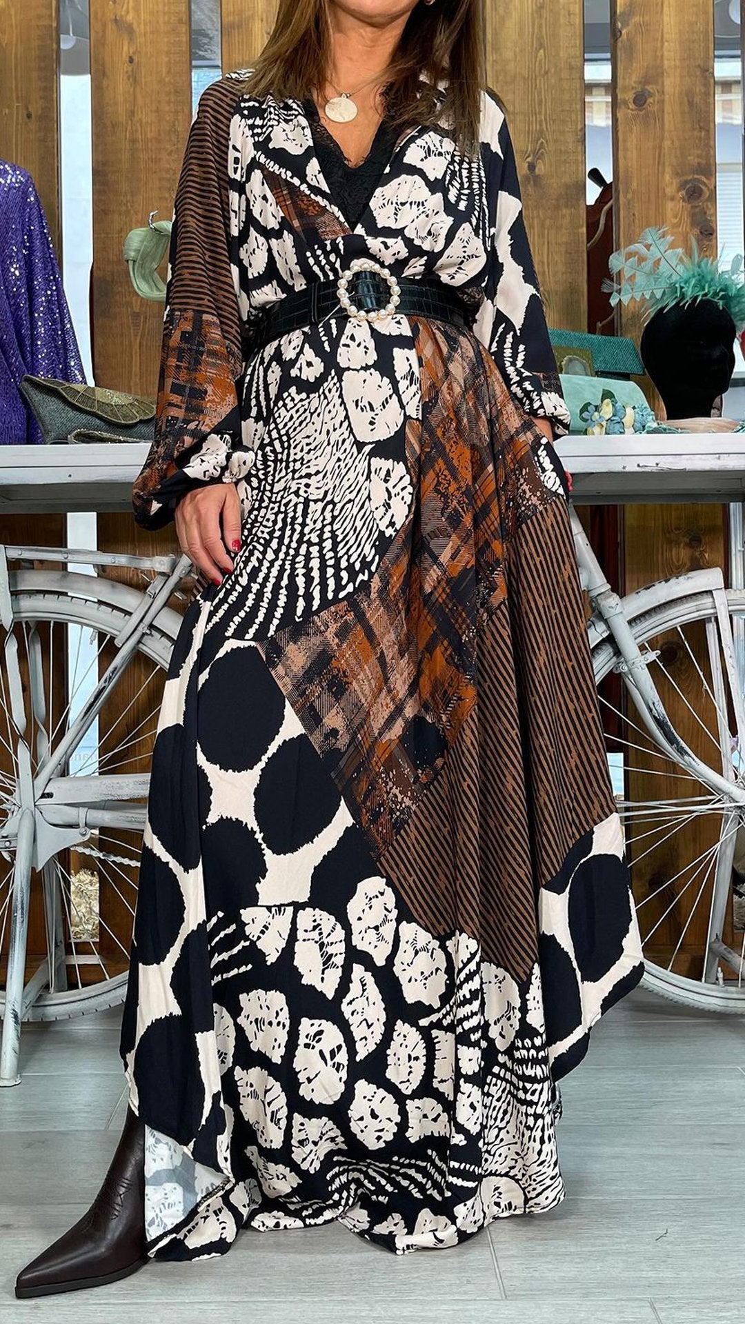 Women's Casual Printed Long Sleeve Dress brown