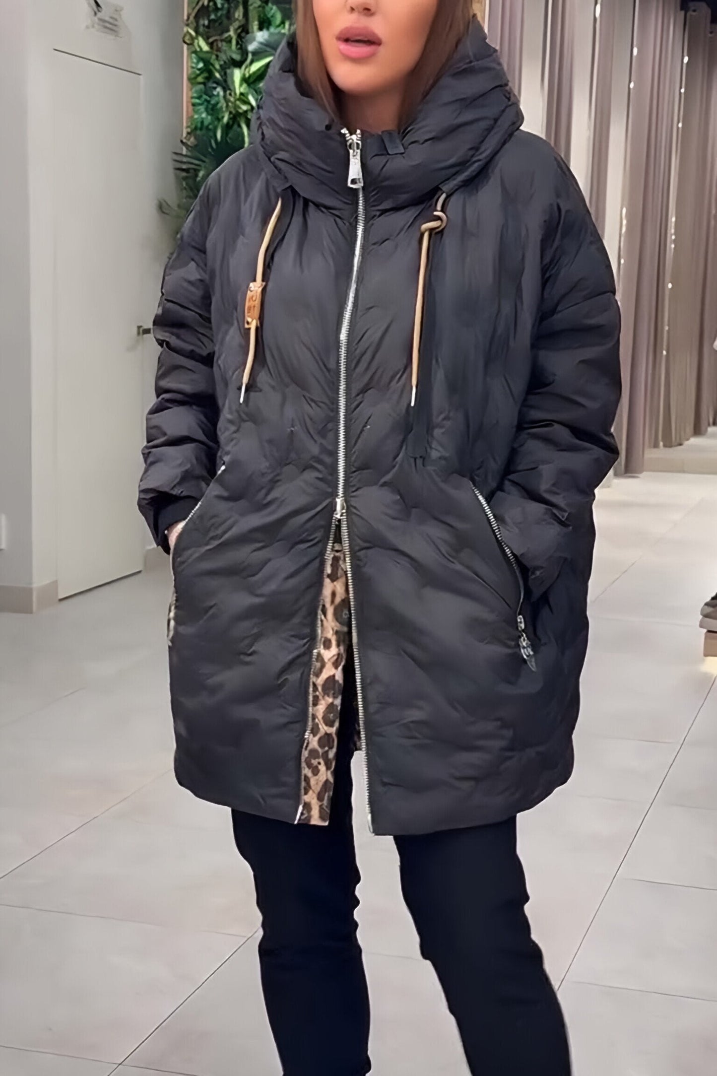 Women's patchwork leopard print zipper hooded cotton coat Black