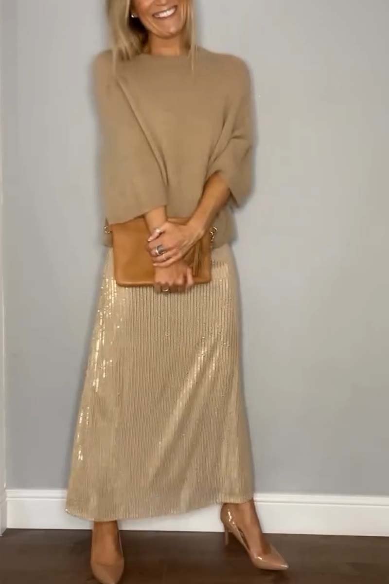 Women's knitted top and sequined skirt set Khaki