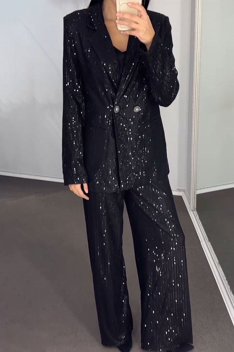 Women's Solid Color Sequined Blazers and Trousers Set