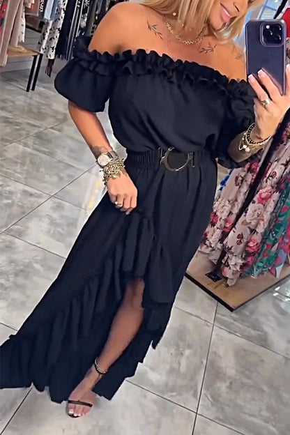 Women's Solid Color Irregular Dress Black