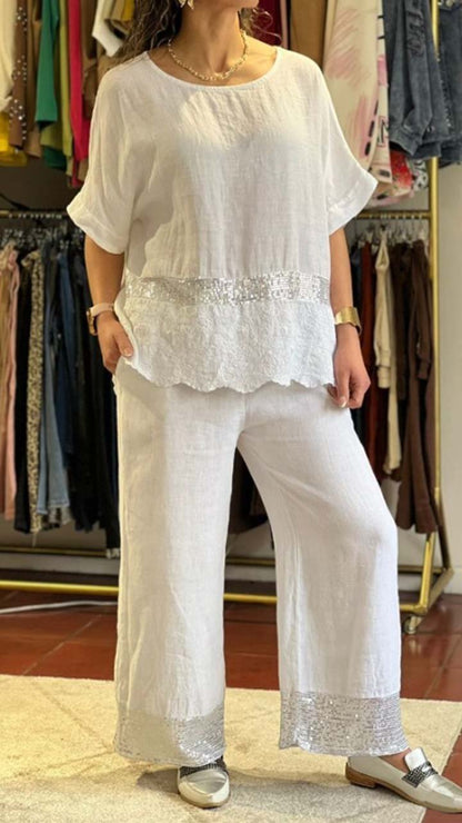 Women's Casual Sequined Cotton and Linen Short-sleeved Trousers Two-piece Suit white