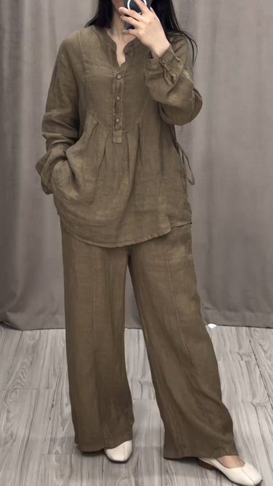 Cotton and Linen V-neck Two-piece Suit brown