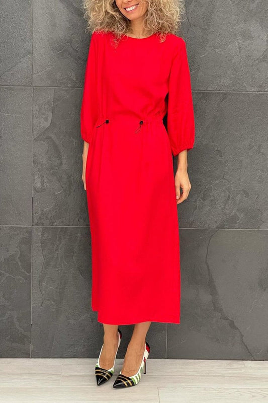 Women's Casual Round-neck Solid Color Waist Dress red