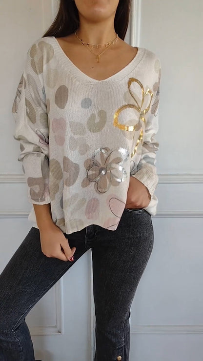 Women's V-neck Long-sleeved Gold-stamped Casual Top off-white