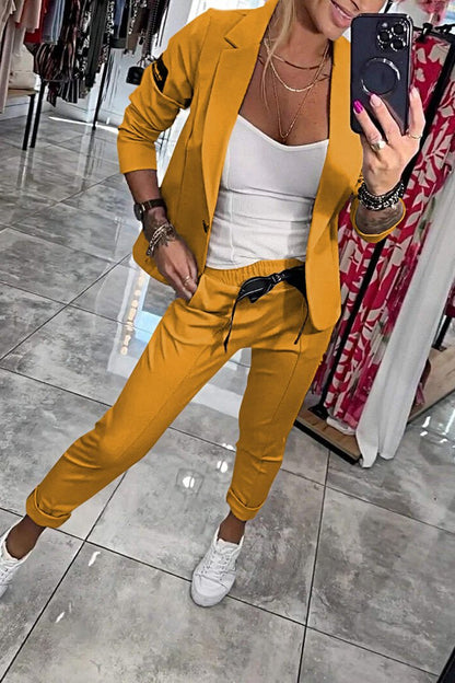 Women's Top Jacket & Elastic Pants Two-piece Set Yellow