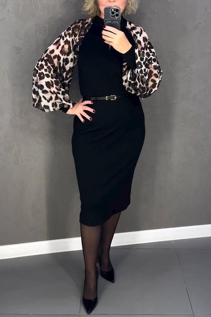 Women's Casual Round Neck Leopard Printed Sleeve Dress black