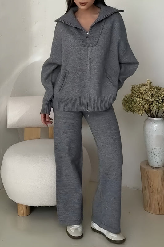 Women's Lapel Long Sleeve Sweater Two Piece Set grey