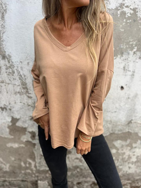 Casual V-neck Long-sleeved Top Khaki