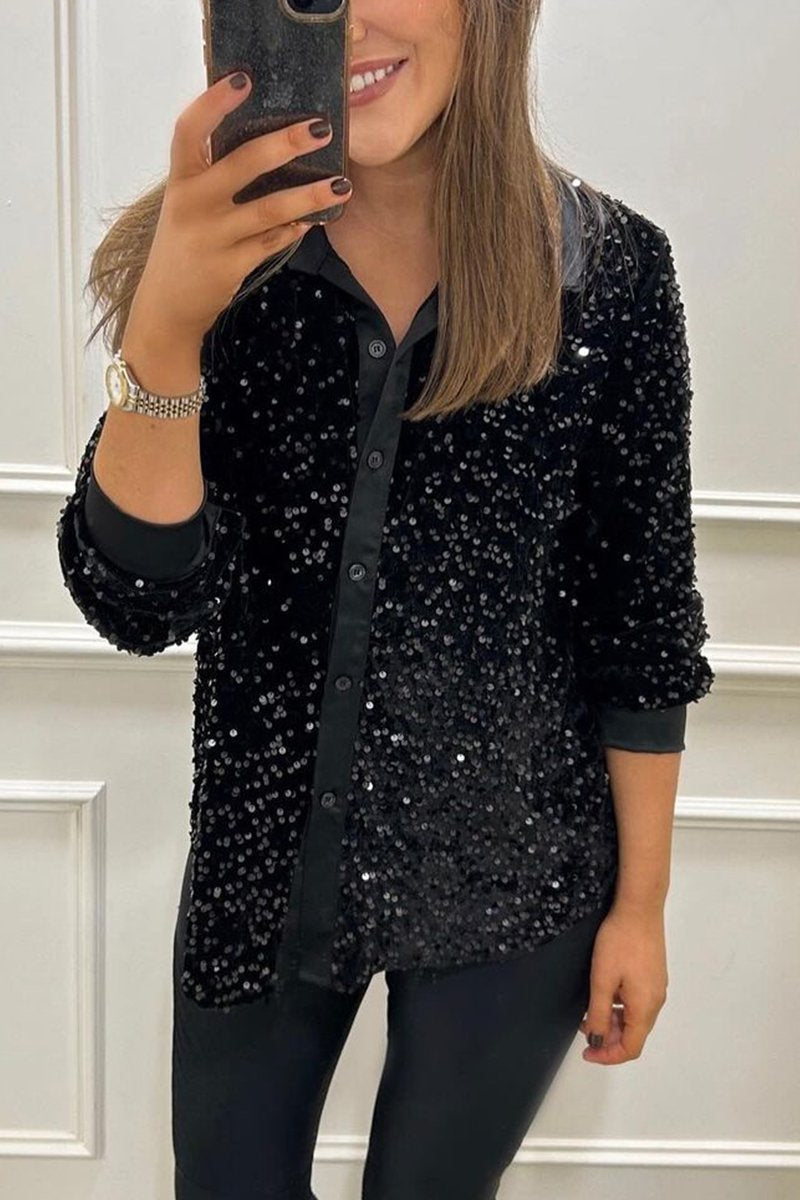 Women's Lapel Single Row Sparkly Party Shirt black