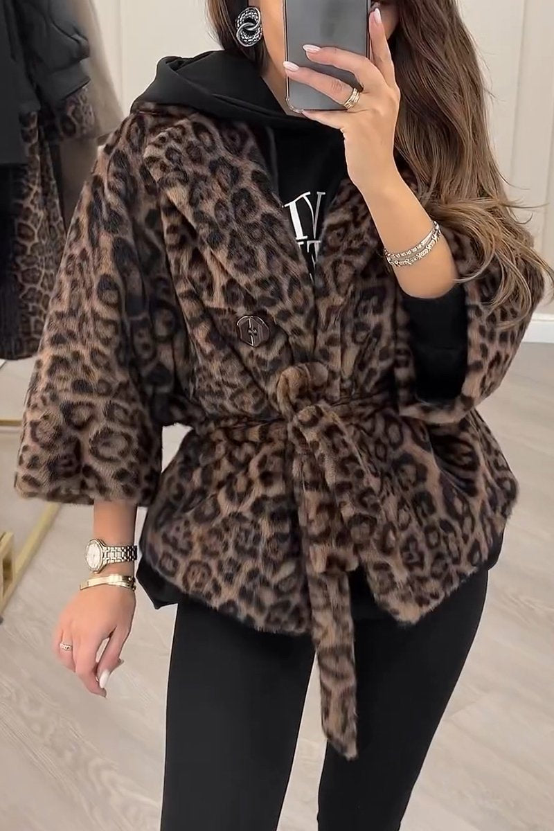 Women's Casual Lapel Leopard Print Fur Coat brown