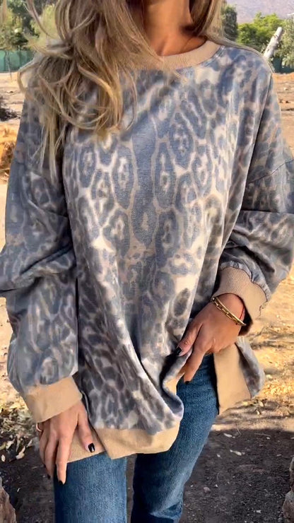 Round Neck Long Sleeve Leopard Print Casual Top